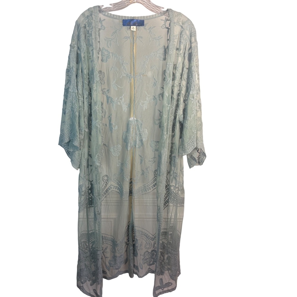 Blue Rain Lace Duster Cardigan Medium Sheer Blue Floral Kimono Boho